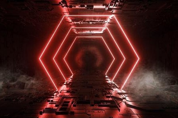 科幻未来主义金属反射示意图纹理主板地板真现代霓虹灯发光激光三角弧光橙色红色电沙
