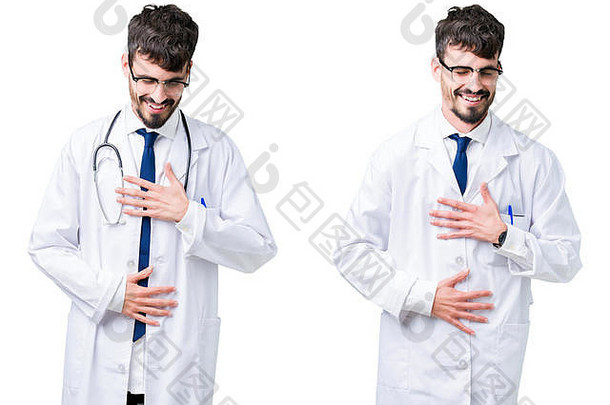 拼贴画中的年轻医生身穿医用外套，笑得很厉害，因为滑稽的疯狂笑话。高兴的表情。