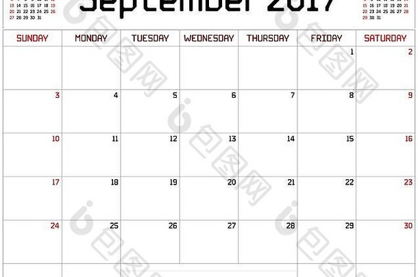 2017年9月的月度计划日历（白色）。使用自定义的直线粗字体。