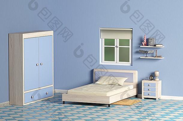 蓝色房间和窗户的三维渲染