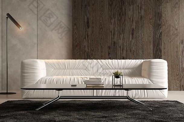 具有沙发3D渲染的现代客厅内部