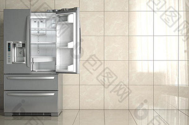 在白色瓷砖背景上并排放置不锈钢冰箱。打开空厨房的冰箱。三维插图