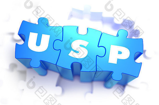 USP-独<strong>特卖</strong>点-白色背景上蓝色拼图上的白色单词。三维插图。