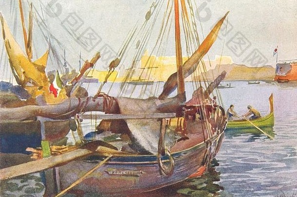马耳他。来自西西里大港口（定力）的纵帆船1927年老式印花