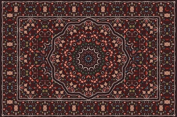 复古阿拉伯图案。波斯色地毯。丰富的装饰面料设计，手工制作，室内装饰，纺织品。红色背景。