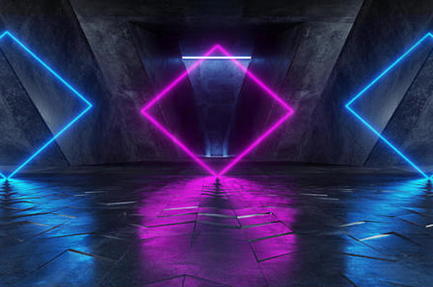 充满活力的三角形霓虹灯建筑舞台背景发光的紫蓝色粉红紫色轨道大门入口科幻未来派虚拟现实深色T