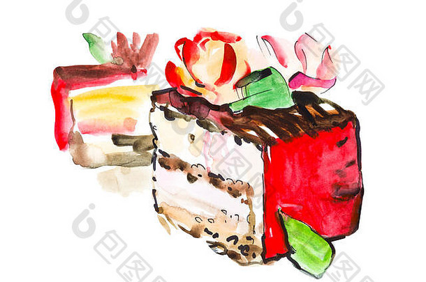 手绘水彩画奶油馅饼片，带花朵，白色背景上的独立蛋糕插图
