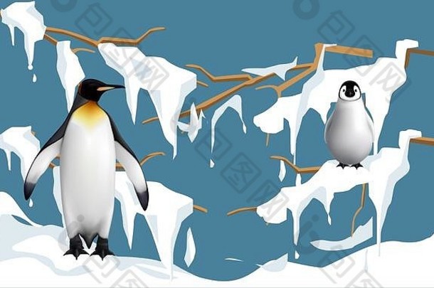 企鹅们在雪地里的树干上尽情地玩耍
