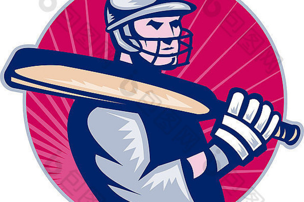 板球击球手击球前视图的插图采用木刻复古风格