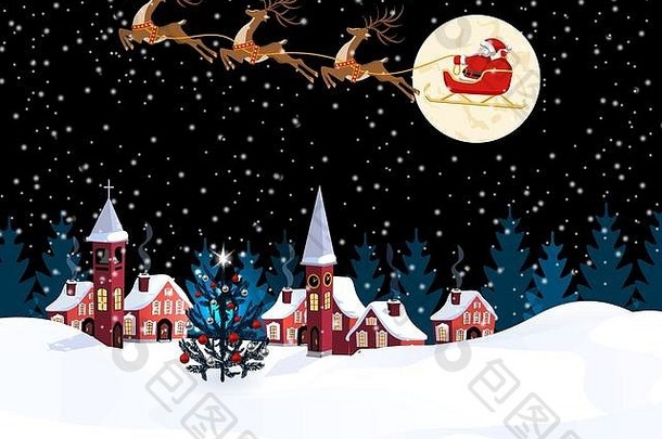 一年圣诞节图像圣诞老人老人鹿冬天城市夏娃一年雪月亮装饰圣诞节树插图