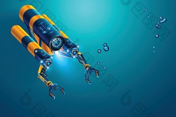 带机械手或机械臂的自主水下rov。现代遥控水下航行器。虚拟的深海无人驾驶飞机或机器人