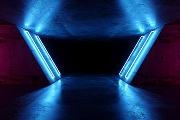 未来科幻现代现实霓虹灯发光紫粉蓝Led激光灯管，粗糙的混凝土反射黑暗的空隧道走廊