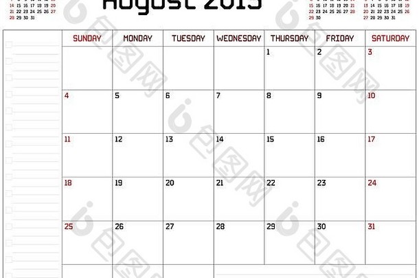 2019年8月的月历，白色背景。使用自定义的直线粗字体。