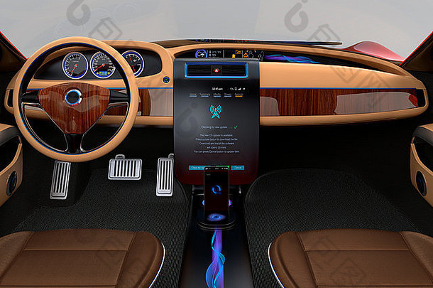 电动汽车控制台。用户使用触摸屏控制系统。原创设计。