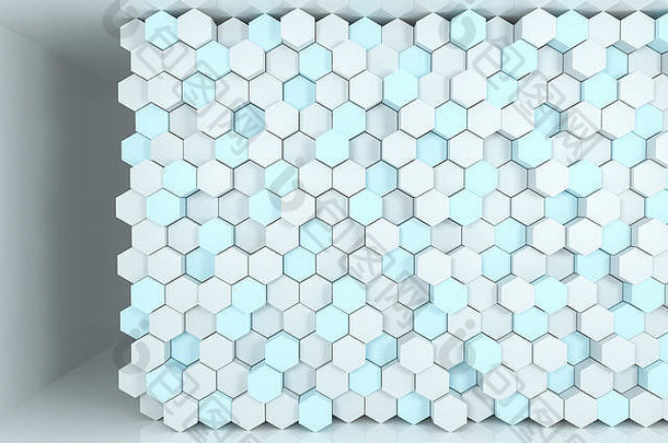 三维渲染，白色六边形立方体。电脑数字绘图，灯光<strong>背景</strong>。