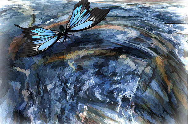 超现实主义的景观大蓝色的蝴蝶飞行悬崖呈现