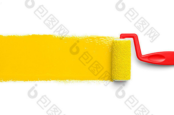 塑料油漆辊黄色的油漆孤立的白色背景