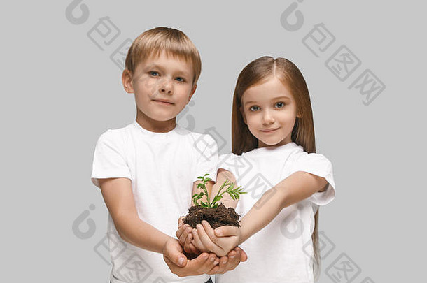 以孩子们的手为背景的工作室。春天，植物，自然，生长和护理的概念。白人小女孩和男孩
