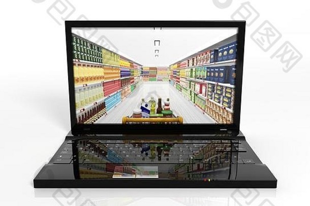 带笔记本电脑和产品货架的在线购物概念