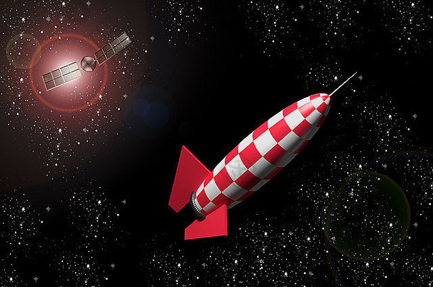 红白火箭和星星的3d渲染