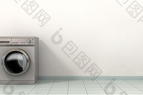在一间空荡荡的瓷砖房间里，一台普通拉丝金属洗衣机的正视图