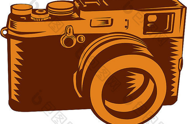 一款35毫米镜头复古风格相机的插图，设置在独立的白色背景上，采用复古低音风格。