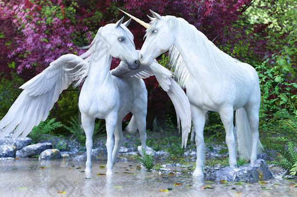 幻想神话中的白独角兽和飞马在一片迷人的森林里。三维渲染，站在池塘中