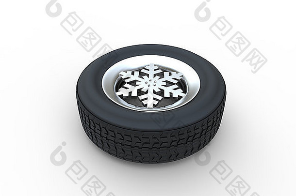 一套冬季轮胎，边缘为雪花状，在白色背景3d插图上隔离