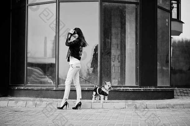 深色头发的吉普赛女孩和约克郡猎犬对着大窗户摆姿势。模特穿皮夹克和t恤，带饰品、裤子和衬衫