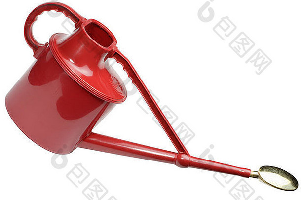 红色塑料浇水罐，带喷口和玫瑰花洒