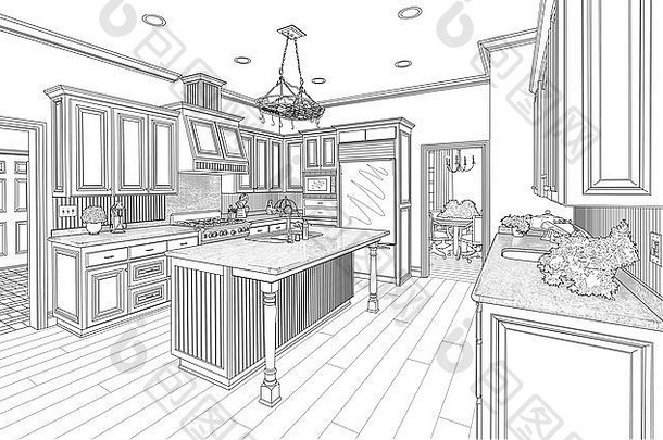 漂亮的定制厨房设计图纸，黑白相间。