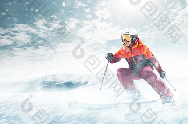 年轻的美丽的运动员女人冬天体育运动滑雪白色阿尔卑斯山脉山背景
