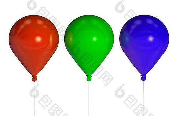 三个不同颜色的派对气球。在白色背景上隔离的气球。3D渲染插图。