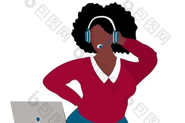 黑色的女人耳机孤立的白色背景概念远程工作自由音频书在线会议
