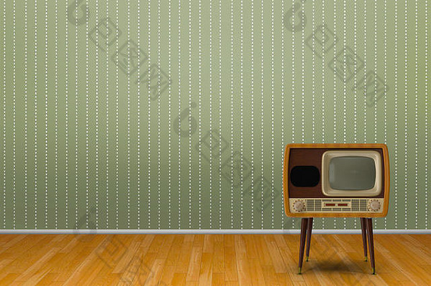 拼花地板和绿色装饰壁纸背景上复古收音机和电视的3d插图渲染