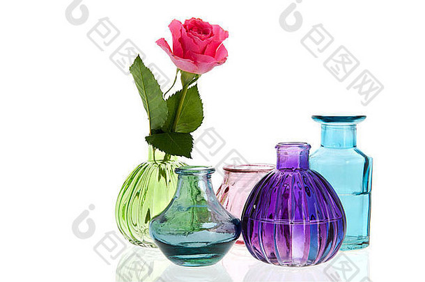 白色背景上隔离的玻璃花瓶玫瑰花