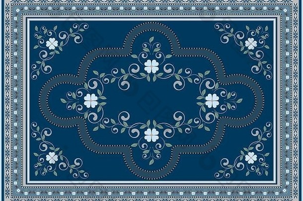豪华民族地毯，带有蓝色和绿调的东方花卉装饰