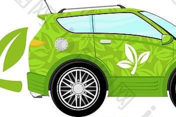 绿色生态汽车概念图，白色背景上的树叶隔离