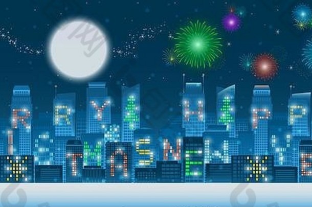 集全景快乐圣诞节快乐一年字母照亮窗户高上升建筑晚上城市雪片