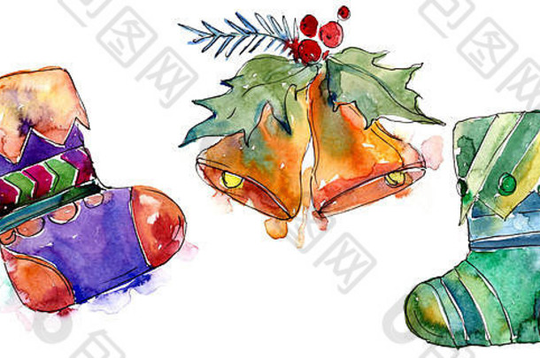 孤立的长袜贝尔插图元素圣诞节冬天假期象征水彩风格孤立的