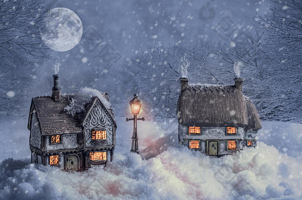 乡村小巷中的冬季别墅，夜间灯光闪烁
