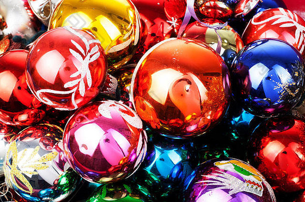 圣诞节小玩意古董玻璃球饰品蓝色的黄色的红色的绿色粉红色的橙色黄金闪亮的反光镜像玻璃球
