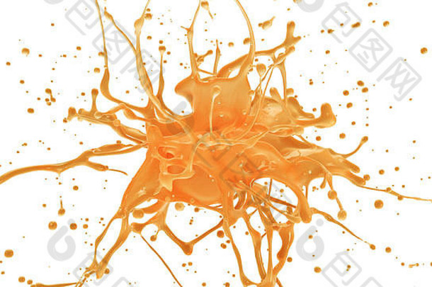 橙汁或葡萄柚汁以慢动作<strong>爆炸</strong>。水果液滴溅在白色上的3D插图。4K黄色和橙色背景
