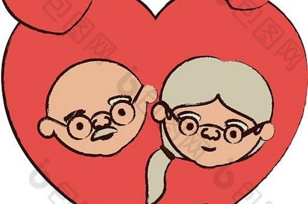 彩色心形贺卡，装饰着戴眼镜的秃顶祖父和马尾辫边头发的祖母的漫画脸
