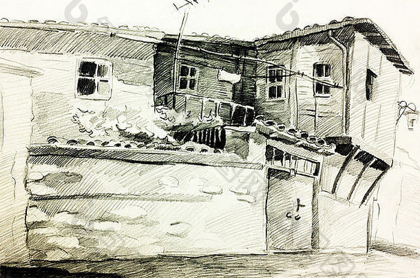 原始铅笔画木炭手画绘画工作草图保加利亚传统的村房子