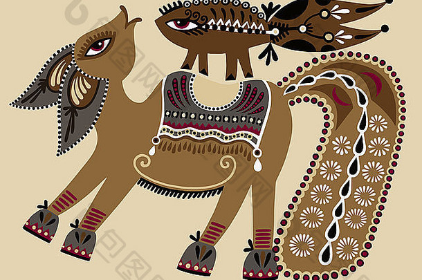 乌克兰部落民族绘画，不同寻常的马，民间插图