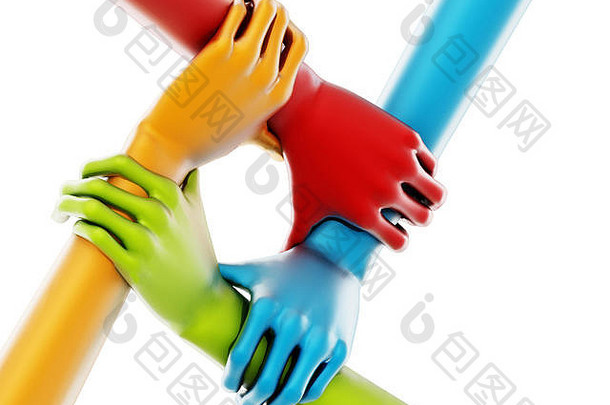 五颜六色的手互相握着。三维插图。