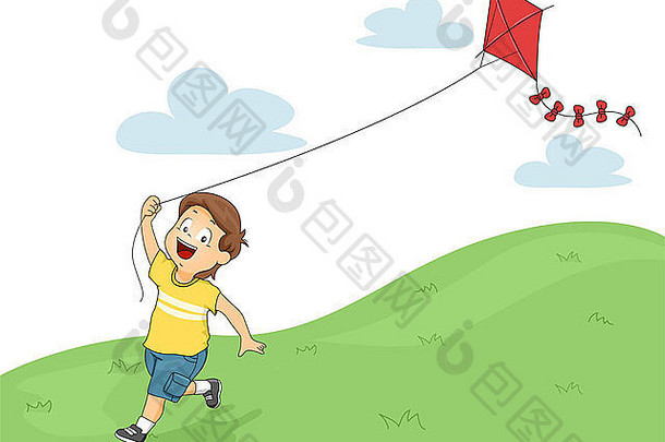 放风筝时奔跑的小男孩的插图