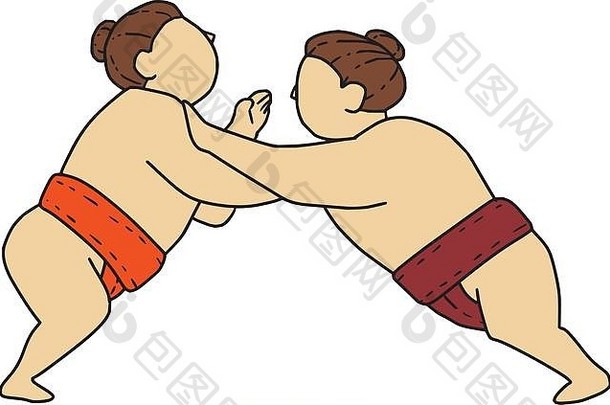 单行风格插图日本力士摔跤手引人入胜的匹配端相扑相扑摔跤有竞争力的次的摔跤