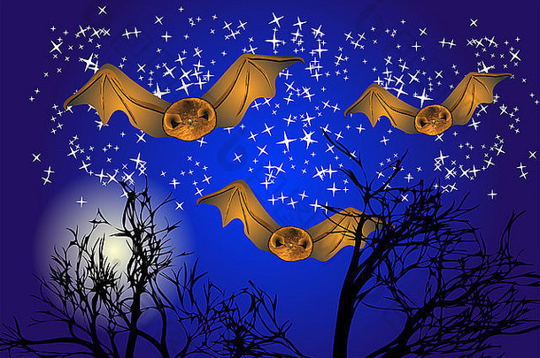 蝙蝠晚上天空背景树月亮